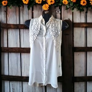 Fylo Embroidered Sheer White Sleeveless Blouse